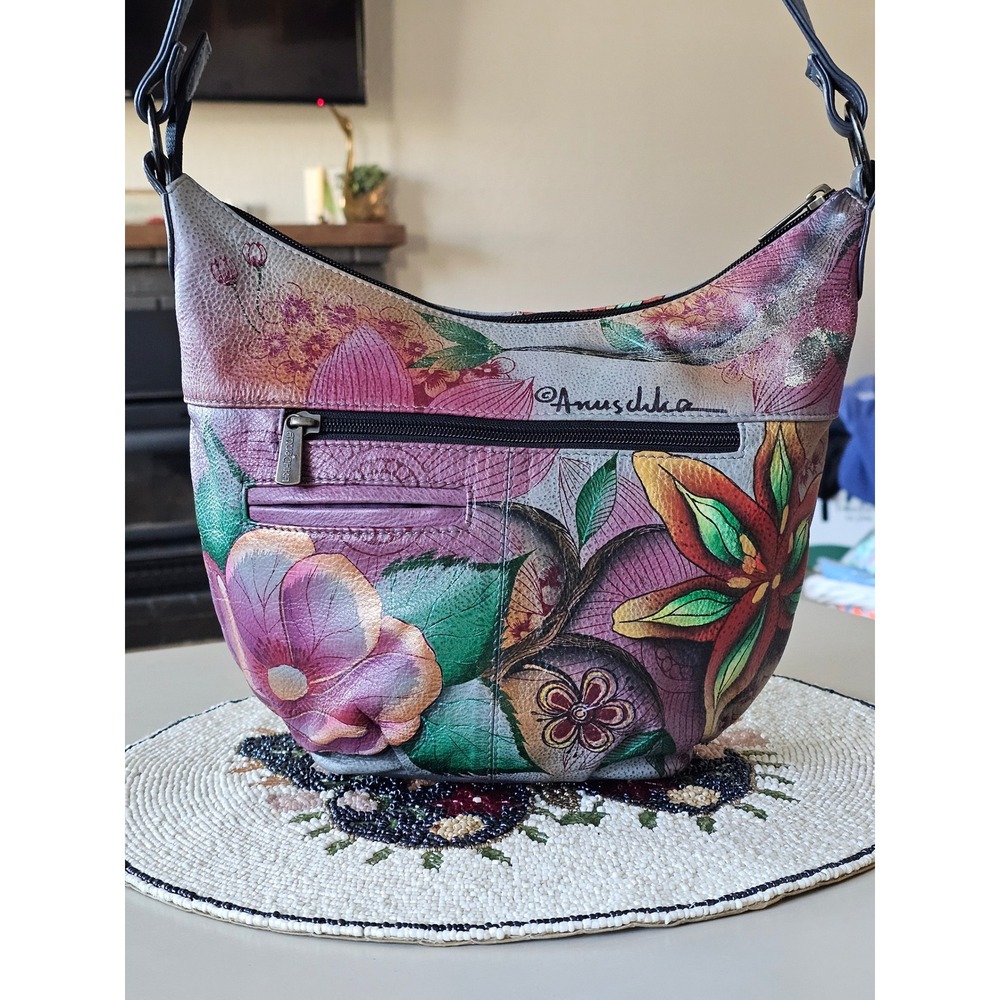 Anuschka Hand Painted Leather Hobo Bag Birds and Flowers Shoulder Purse Multi - Picture 2 of 10